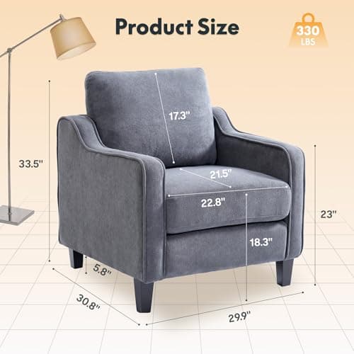 FLEXISPOT AC2 Accent Chair for Living Room, Mid Century Modern Reading Chair for Bedroom, Upholstered Armchair Comfy Single Sofa Side Chair for Office, Apartment, Small Room, Grey - Thumbnail 2