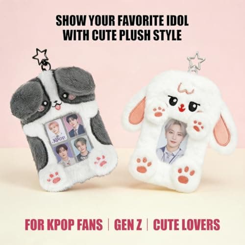 DegoCyhton Photocard Holder, Kpop Photo Card Keychain, 2 Pack 3 Inch, Clear PVC Window, Anti-Shed Plush Design, 360 Rotating Hook, for Teen Girls Student Campus Backpack Pendant & Card Protection - Thumbnail 2