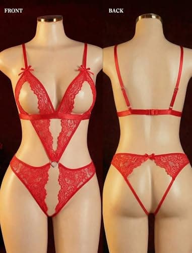 Avidlove Women Lingerie Lace Bodysuit Teddy Deep V Neck One Piece Babydoll Red XS - Thumbnail 3