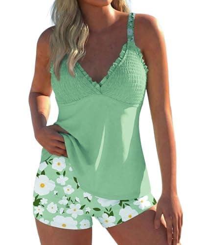 Urchics Two Piece Tankini Swimsuits for Women Smocked Tummy Control Bathing Suits Flowy Swim Dress Tops with Boy Shorts Swim Suits 2026 V Neck Swim Shorts and Tops Sets Flower Green M