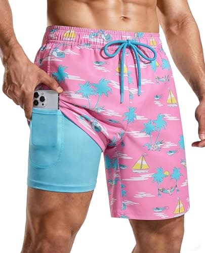 CoozySphere Mens Swim Trunks with Compression Liner Swim Shorts 7" Swimming Trunks Stretch 7 Inch Swim Suits Quick Dry L - Image 1
