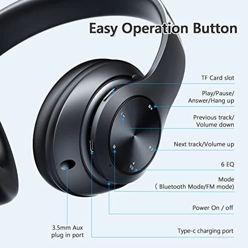Bluetooth Headphones Over Ear, 60 Hours Playtime Foldable Headphones Wireless Bluetooth Hi-Fi Stereo Deep Bass with 6 EQ Modes, Adjustable Lightweight Headset with Microphone, FM, SD/TF for Adults - Thumbnail 5
