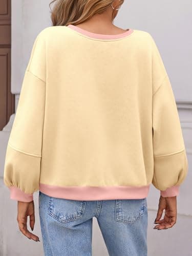 Fisoew Womens Oversized Sweatshirts Crewneck Long Sleeve Pullover 2025 Cute Color Block Casual Fleece Y2k Cropped Tops Beige - Thumbnail 3
