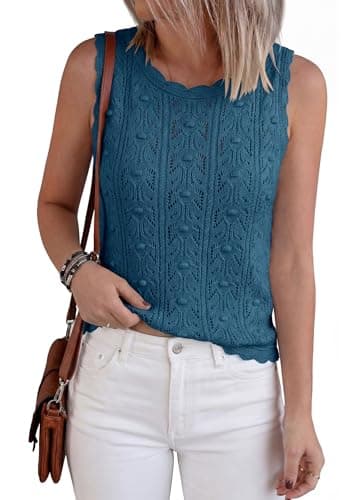 BTFBM Crochet Tank Tops for Women Hollow Out Sleeveless Loose Sweater Vest Top Summer Spring 2026 Beach Vacation Clothes(Dusty Blue, Large) - Thumbnail 5