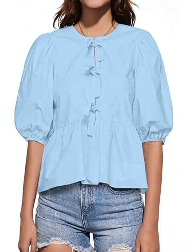 Tankaneo Womens Tie Front Tops Summer Peplum Babydoll Puff Short Sleeve Blouse Cute Cotton Shirts Blue - Image 1