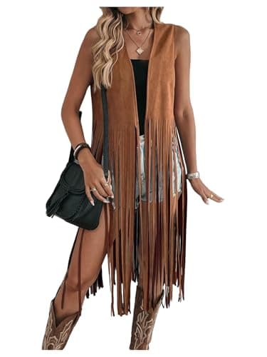Milumia Women's Sleeveless Fringe Vest Faux Suede Western Cardigan Jacket Solid Brown X-Small - Image 1