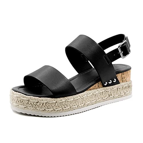 Athlefit Women's Espadrilles Platform Wedge Sandals Casual Open Toe Ankle Strap Buckle Summer Sandals, Black, Size 7, AD00502 - Image 1