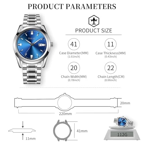 Taxau Mens Watches Stainless Steel Dress Watch Mens Waterproof Watches for Large Wrist Analog Quartz Silver Watch Blue Face Luxury Business Minimalist Date Watch Relojes para Hombres - Thumbnail 5