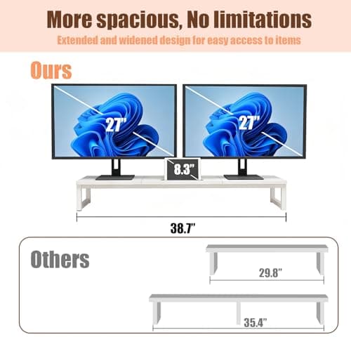 huacz Dual Monitor Stand Riser, 38.7'' Long Wood and Steel Monitor Stand for 2 Monitors, Ergonomic Desktop Organizer with Tablet Stand for Computer,Laptop,TV (White) - Thumbnail 5