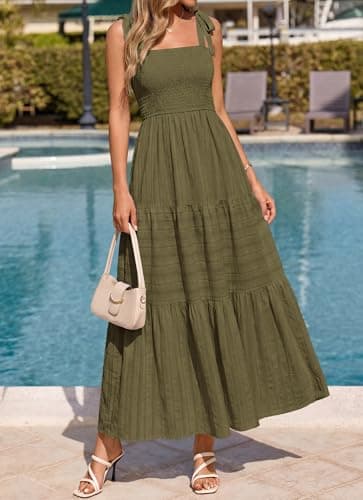 BTFBM Women's 2026 Spring Boho Spaghetti Strap Dress Casual Sleeveless Smocked A Line Beach Sundress Long Maxi Dresses(Army Green, Large) - Thumbnail 4