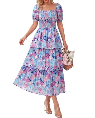 BTFBM Womens Square Neck Smocked Dress Summer Puff Short Sleeve Floral Casual Ruffle Tiered Maxi Wedding Guest Dresses(Floral Navy Multicolor, Small) - Image 1