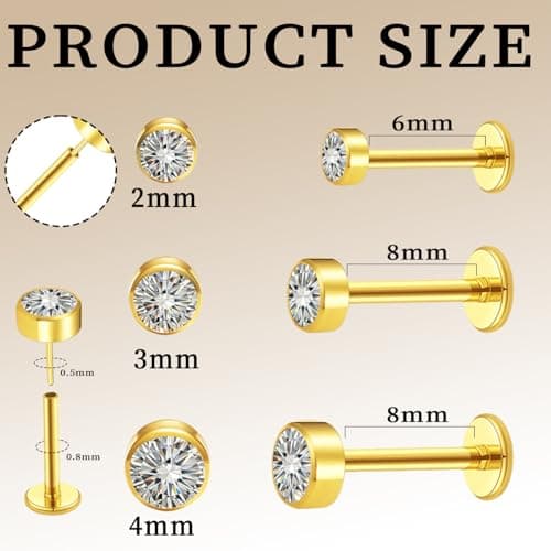 hooppoo Delicate Moissanite & Titanium Threadless Flat Back Studs - 6-Piece 20G Labret Set for Nose, Helix, Cartilage, Conch, and Lip Piercings for Women & Men (Gold) - Thumbnail 5