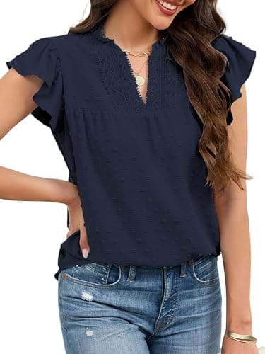 ECOWISH Womens Summer Tops Dressy Casual Ruffle V Neck Short Sleeve Blouses Swiss Dot Flowy Shirt Trendy 2026 Navy Blue Large - Image 1