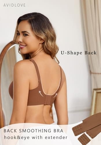 Avidlove Bras for Women No Underwire Full Coverage Bralettes Seamless Everyday Bra V Neck T Shirt Brassiere Coffee XXL - Thumbnail 2