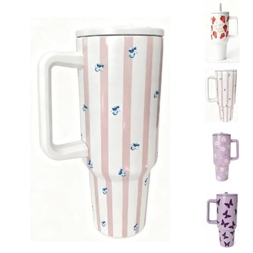 HJOCMLE Striped 40 oz Insulated Tumbler with Handle,Stainless Steel Double Wall Vacuum Travel Cup, Leak‑Proof Lid & Straw, Large Water Bottle for Women, Keeps Drinks Hot & Cold - Image 1