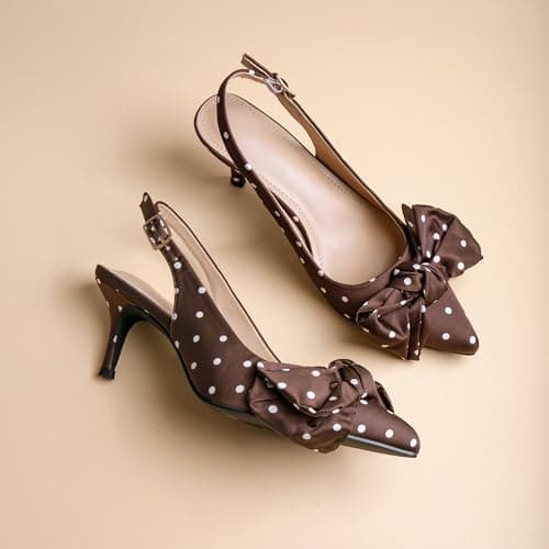 RUSAUISE Polka Dot Heels Kitten Heels Women Closed Pointed Toe Bow Pump Shoes Slingback Dressy Comfortable Low 2 Inch Heel Brown Size 6.5 - Thumbnail 5