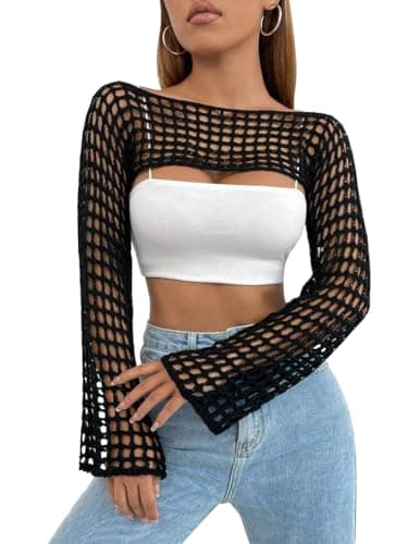 Mincib Womens Crochet Shrug Y2K Hollow Out Bolero Shrug See Through Cropped Knit Sweater Top(Black,S) - Image 1