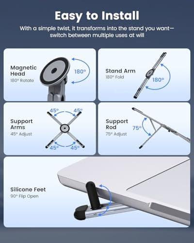 LENTION Magnetic Foldable Laptop Stand, 8-Level Adjustable Aluminum Laptop Riser, N52 MagSafe Phone Tablet Tripod Holder, Portable Ergonomic Desk Stand for 10-16 Inch Laptop Home Office Travel - Thumbnail 5