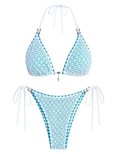 ZAFUL Womens 2 Piece Triangle Bikini Hollow Out Halter Bikini Sets Sexy Bathing Suit High Waisted Side Tie Swimsuits 1-Baby Blue M - Image 1