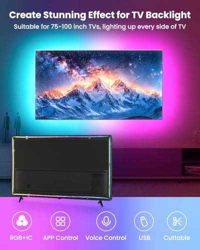 16.4ft RGB+IC LED Lights for 50-75 Inch TV, Backlight Strip Behind TV with Music Sync, Bluetooth APP and Voice Control, 44 Scene Modes, for Ambient Mood Lighting, Monitor Game, Bedroom, Living Room - Thumbnail 2