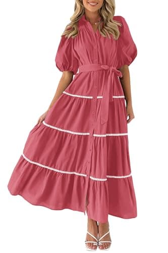 PRETTYGARDEN Women's Summer Button Down Shirt Dress Short Puffy Sleeve Tiered Ruffle Flowy Long Maxi Dresses (Dusty Pink,XX-Large) - Image 1