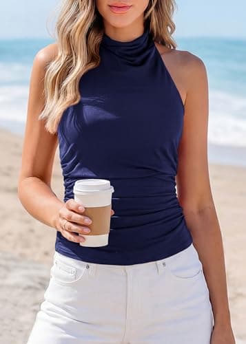 KIRUNDO Tank Tops for Women 2026 Dressy Halter Cowl Neck Backless Summer Clothes Casual Fitted Going Out Mesh Beach Outfits(Navy Blue, X-Small) - Thumbnail 2