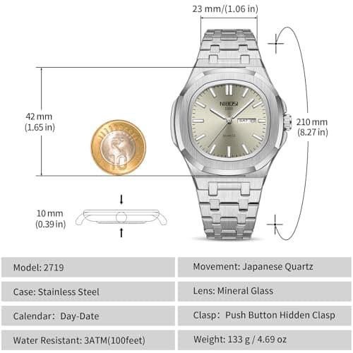 NIBOSI Watches for Men Analog Quartz Stainless Steel Silver Watches for Men Waterproof Business Classic Desiger Wrist Watch with Day Date Elegant Gift for Men - Thumbnail 2