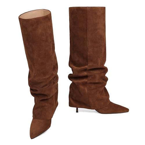 COMFITORIA Womens Knee High Boots, Fold Over Shark Boots Stiletto Heels Slouchy Long Boot Pointed Toe Thigh High Dress Shoes Sexy Fashion Tall Boot for Women with Zipper, Brownsuede, 6 - Thumbnail 4