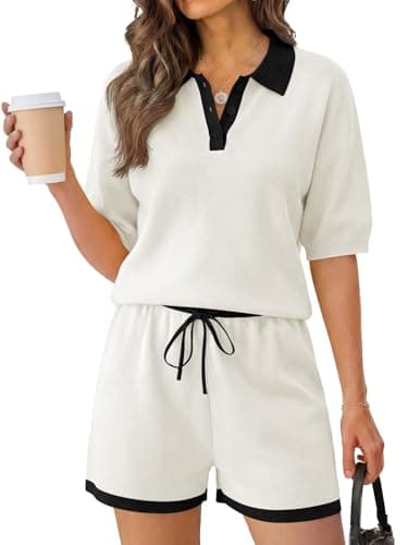 Tankaneo Womens 2 Piece Sweater Short Sets 2026 Summer Vacation Outfits Short Sleeve Knit Collared Tops Matching Lounge Set - Image 1