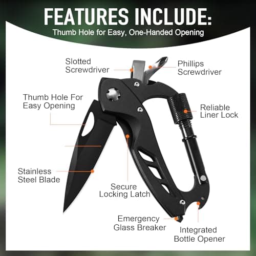 Multitool Carabiner with Pocket Knife, Birthday Gifts for Men Him Boyfriend, EDC Carabiners with Folding Knives, Bottle Opener, Window Breaker and Screwdriver, Survival Gear for Camping Hiking - Thumbnail 2