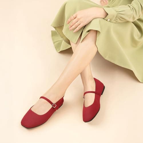 ATHMILE Square Toe Ballet Flats Mary Janes Shoes Women with Padded Heel & Adjustable Strap, Knit Slip-On Flats for Women for Office, Dressy & Casual, Machine Washable for Easy Care Red Size 10 - Thumbnail 2