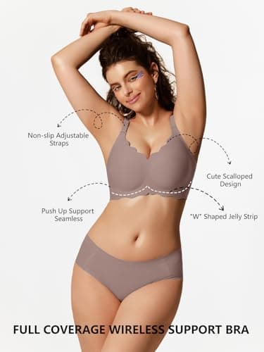 COCOMARTS Jelly Minimizer Bras for Women No Underwire Scalloped Push Up Wireless Bralettes Seamless Comfort Everyday Tshirt Bra Grey Medium - Thumbnail 5
