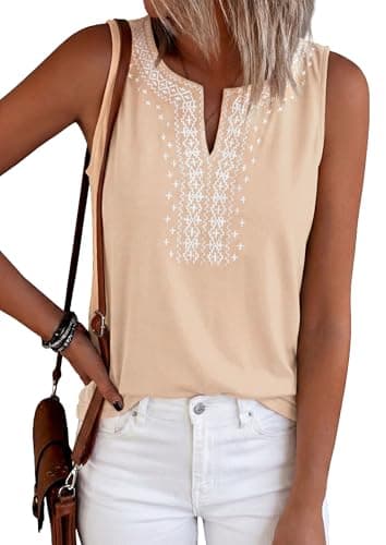 PRETTYGARDEN Womens Tank Tops 2026 Summer Causal V Neck Sleeveless Shirts Floral Print Embroidered Beach Vacation Boho Top(Beige,Large) - Image 1