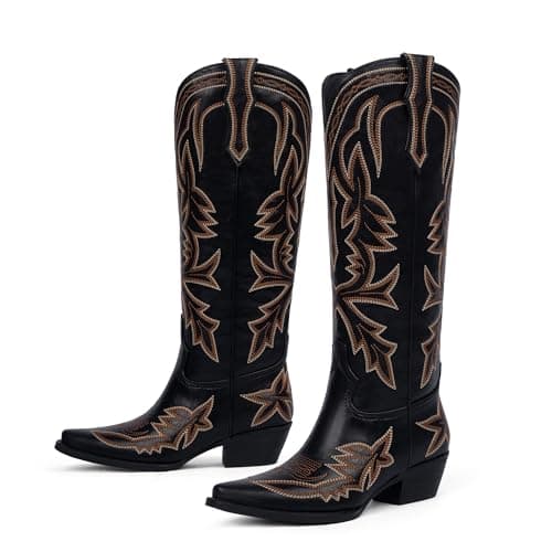 VIUGJNEX Knee High Cowgirl Boots Women Pull on Embroidered Wide Calf Cowboy Boots Women Low Heel Black Boot Womens Pointed Toe Chunky Heel Western Boot Size 6.5 - Thumbnail 4