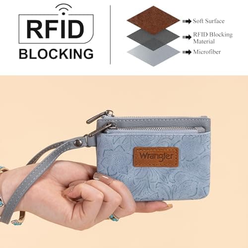 Montana West Wrangler Coin Purse for Women RFID-blocking Floral Embossed Change Pouch Wristlet Wallet Lightweight Portable Wallets Blue - Thumbnail 3
