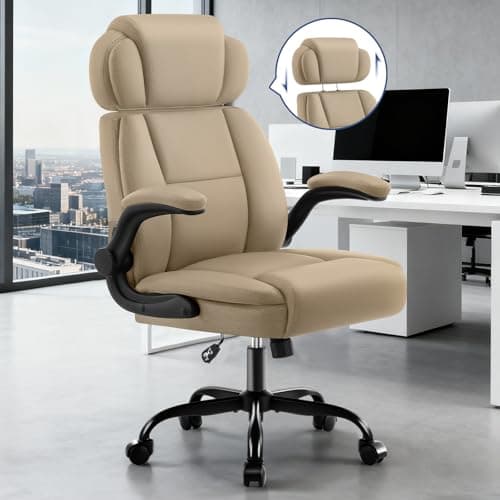 AreShark Ergonomic Office Chair with Lumbar Support, 400lbs Heavy Duty Big and Tall Executive Desk Chair, PU Leather High Back Computer Chair with Flip-Up Arms & Adjustable Headrest, Khaki - Image 1