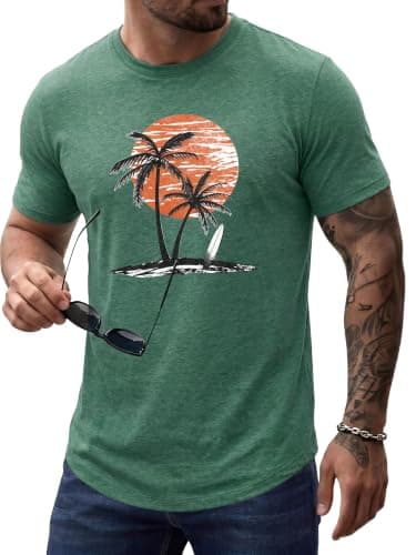 Comdecevis Graphic Tees Men Cotton Crew Neck Printed T-Shirts Casual for Hawaiian Summer Vacation Beach Green M - Image 1