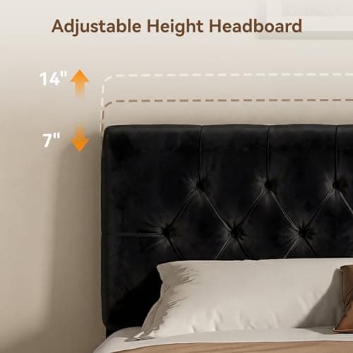 Vipbear Full Bed Frame, Velvet Fabric Upholstered Platform Bed with Button Tufted Headboard, Strong Wooden Slats Support, Noise Free, Easy Assembly, Adjustable Headboard, No Box Spring Needed, Black - Thumbnail 6