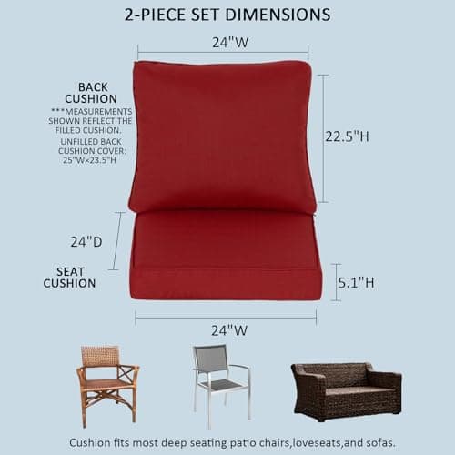 Localive 24x24 Inch Outdoor Deep Seat Cushions Set of 2,Thick High-Density Foam, Removable Cover with YKK Hidden Zipper,Water-Resistant UV-Resistant Polyester for Patio Furniture,Chili - Thumbnail 3