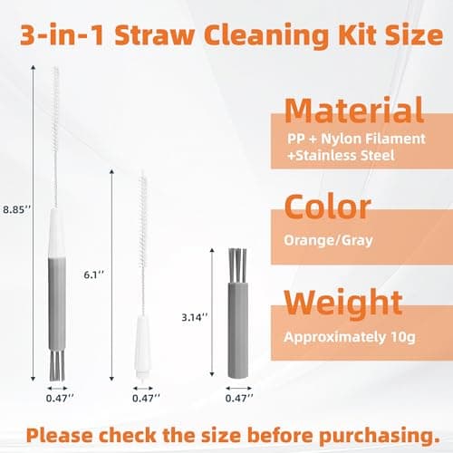 PROOCI Straw Cleaner Brush for Stanley, 2-Pack Multi 3 in 1 Extra Long Straw Cleaning Brush Set for Reusable Straws, Tumblers, Lids, Sippy Cups, Water Bottle, Nipples & Fine Gaps - Orange & Gray - Thumbnail 2