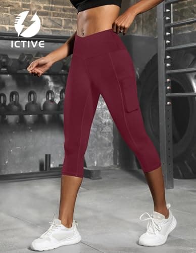 ICTIVE Women's Capris Yoga Pants with Pockets Crossover V Cross High Waisted Fitness Running Leggings Burgundy M - Thumbnail 2