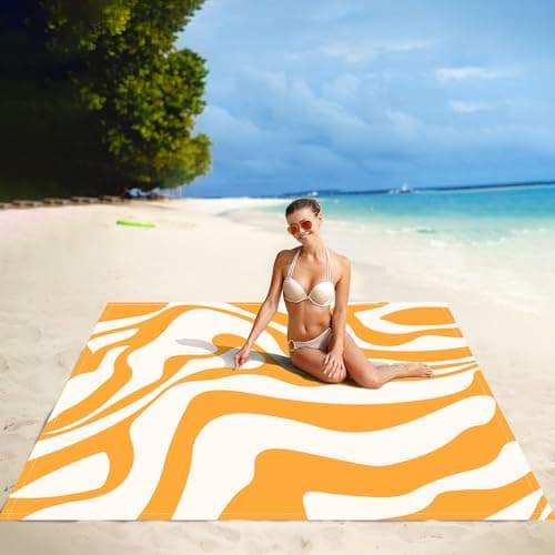 110''×118'' Extra Large Waterproof Sandproof Beach Blanket 8 Adults, Sand Free Outdoor Beach Mat with 4 Stakes & Pockets, Big Compact Picnic Blanket, Essential for Travel, Camping, Summer Vocation - Thumbnail 2