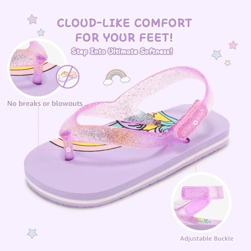 Toddler Flip Flops Girls Sandals Boys Kids Flip-flops Adjustable Back Strap Non Slip Sole Lightweight Cute Jelly Princess Sandal Girl Swim Pool Outdoor Summer Beach Purple Rainbow Little Kid Size 12 - Thumbnail 4