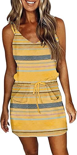 Womens Summer Trendy Striped Dresses Sleeveless Halter Strap Mini Dress with Pockets - Image 1