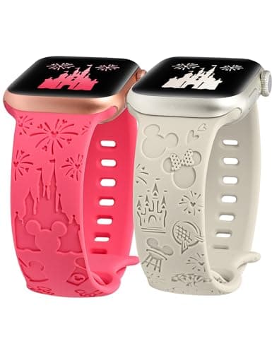 Girovo 2 Packs Cartoon Engraved Bands Compatible with Apple Watch Bands 38/40/41/42mm Women, Cute Anime Soft Silicone Strap for iWatch Series 11 10 9 8 7 6 5 4 3 SE/Ultra 3 2 1,Bright Pink&Starlight
