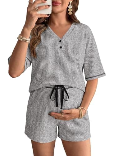 BLENCOT Women's Pregnancy 2 Piece Outfits Pajama Sets V Neck Button Short Sleeve Nursing Shirt and Shorts Summer Lounge Breastfeeding Sets Grey L - Image 1