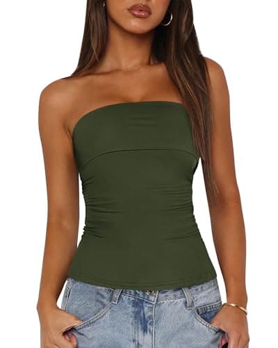 BTFBM Womens Strapless Tube Tops Spring Summer Clothes 2026 Trendy Casual Ruched Stretchy Going Out Bodycon Bandeau Top(Army Green, X-Small) - Image 1