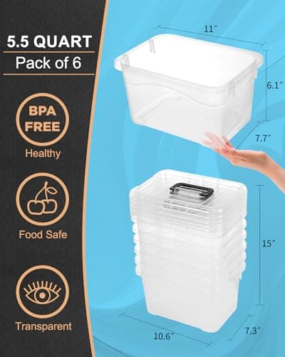 EOENVIVS Plastic Storage Bins with Lids 6 Packs, 7 Quart Storage Organizer Bins with Buckle-Up Latches and Handle, Stackable Storage Containers for Home Pantry Office Classroom Organization, Clear - Thumbnail 2