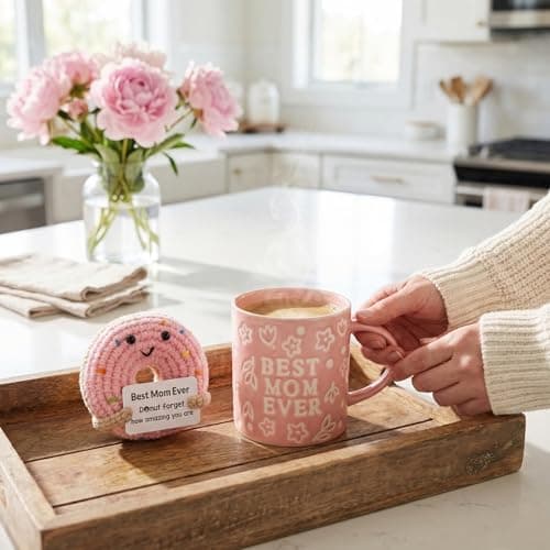 KyreDino Mothers Day Gifts, Best Mom Ever Gifts for Mom from Daughter, Pink Floral Embossed Pattern Mother's Day Mug and Handmade Donut Crochet Gifts Set - Thumbnail 4