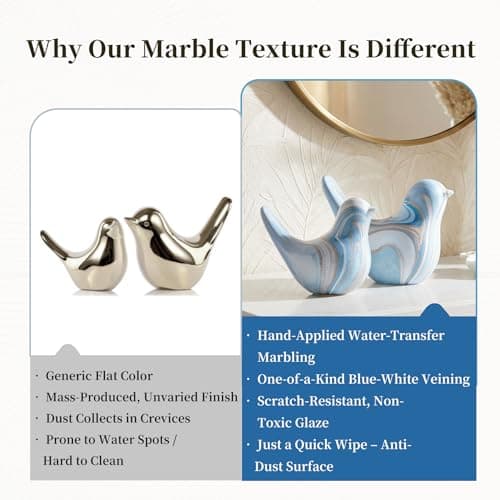 TZIZO 2 Pcs Hand-Painted Blue White Marble Ceramic Bird Statues, Modern Shelf Decor Accents, Unique Gift for Living Room Office Bookshelf Coffee Table (L: 12 & 8.8 cm, H: 8.8 & 6.5 cm) - Thumbnail 3